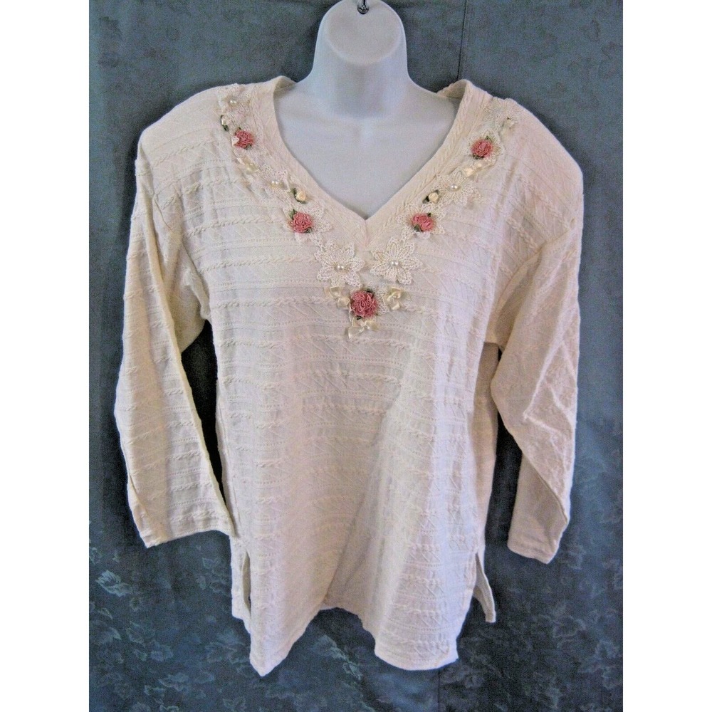 Vintage 90's Basil Top Floral Embellished 100% Cotton Textured Stripe NOS